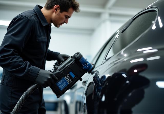 Professional car detailing process with steam cleaner